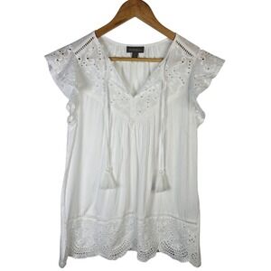Style & Co White Eyelet Tassel V Neck Top‎ Womens Size S Boho Summer Blouse
